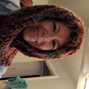 Softest Knit Hooded Scarf in Rust/Blue. Handmade, New.